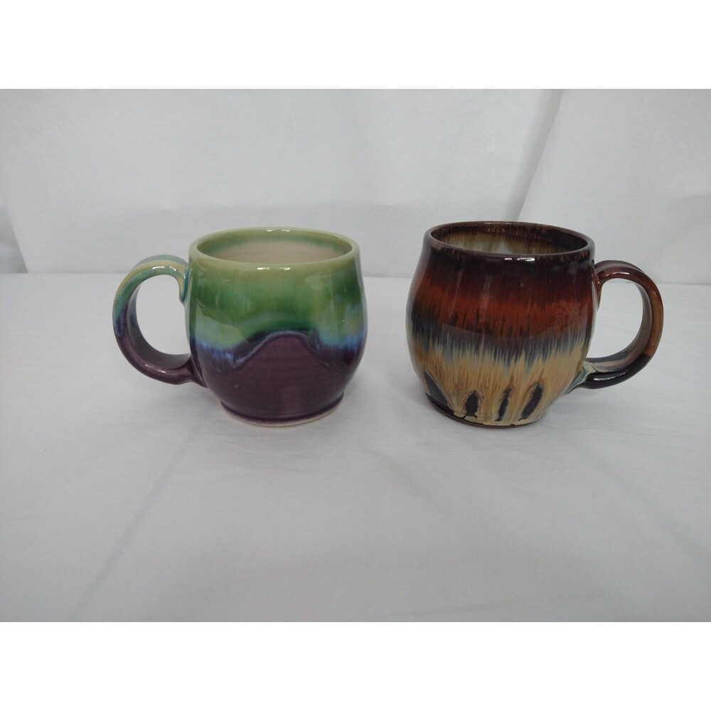 Set of 2 Cathleen Denise Handmade Studio Pottery Mugs Artist Signed Made In USA